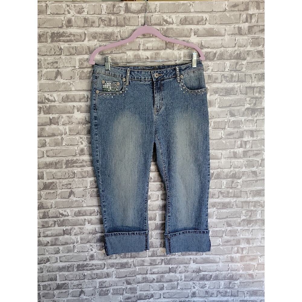 Willi Smith Medium Blue Cropped Cuffed Ankle Jeans, Gemstone Accents, Sz 8 Artsy